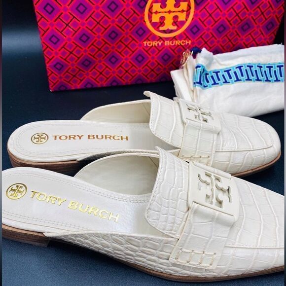 Tory Burch Georgia Loafer Mule Goat Leather SIZE 8.5 Cream - Picture 2 of 5